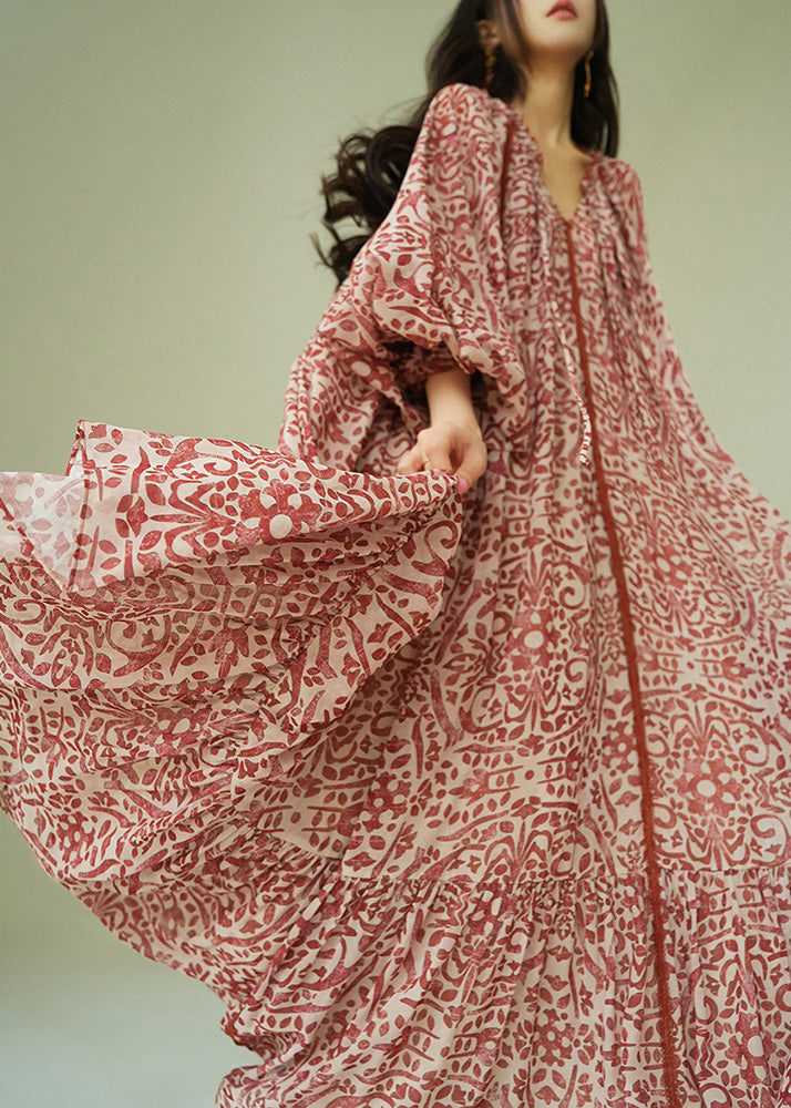 Deep V Neck Damask Print Balloon Sleeve Tiered Hem Maxi Dress