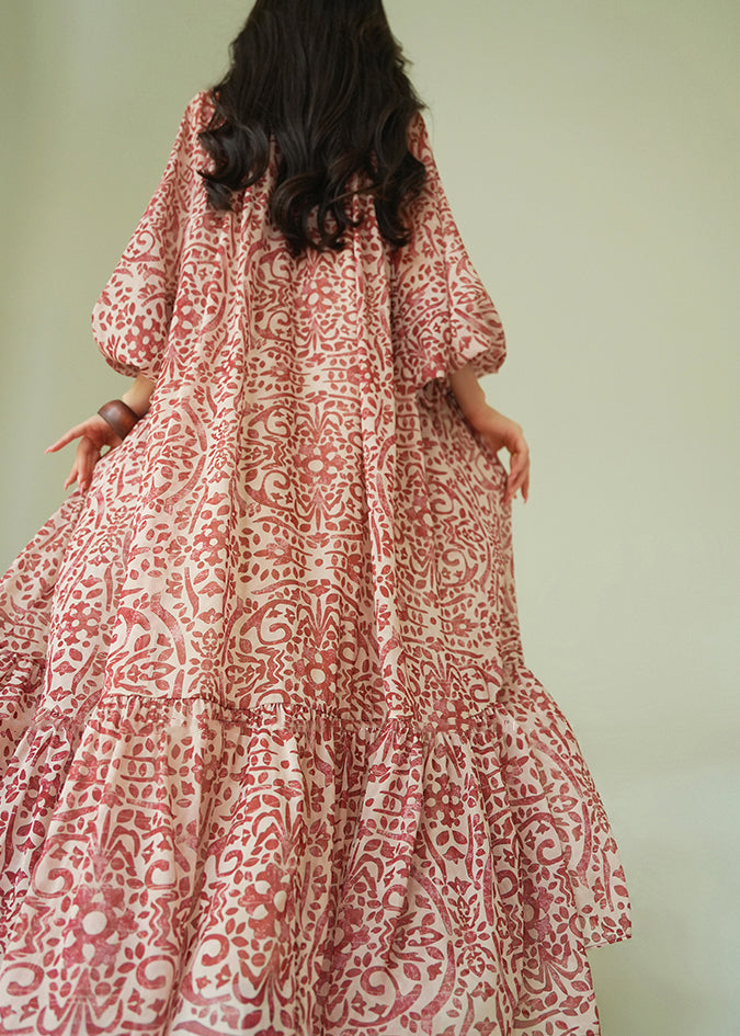 Deep V Neck Damask Print Balloon Sleeve Tiered Hem Maxi Dress