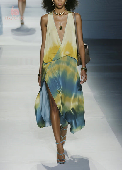 Sleeveless Plunging V-Neck Wrap Tie-Dye Chiffon High-Slit Maxi Dress
