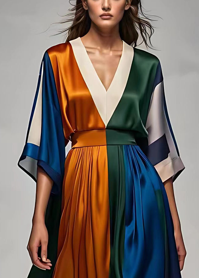 Plunging V-Neck Kimono Sleeve Colorblock Pleated Satin Maxi Dress