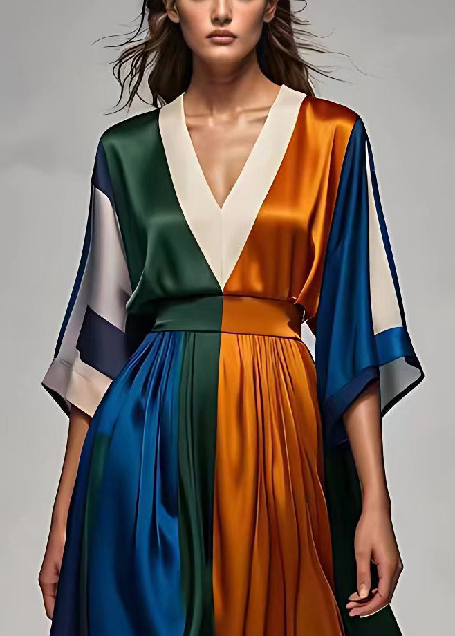 Plunging V-Neck Kimono Sleeve Colorblock Pleated Satin Maxi Dress