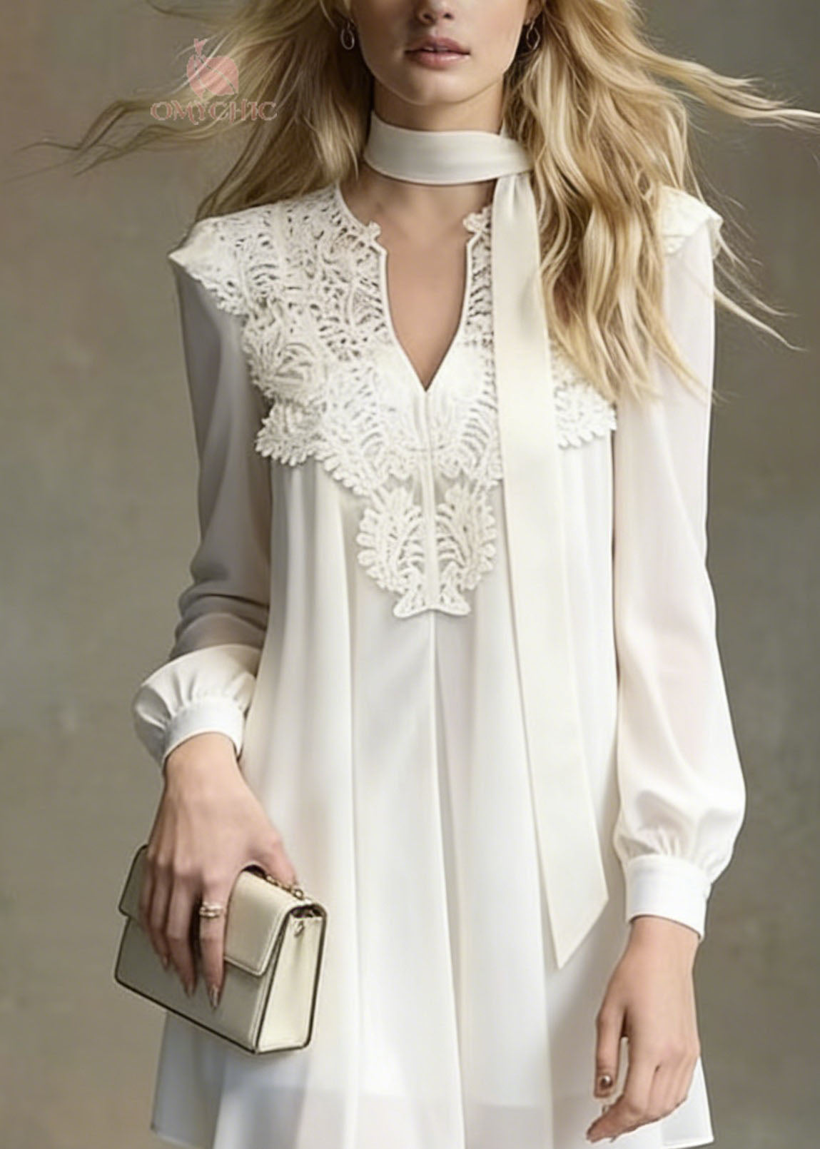 Deep V-Neck Lace Applique Neck Scarf Tie Bishop Sleeve Mini Dress