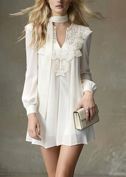 Deep V-Neck Lace Applique Neck Scarf Tie Bishop Sleeve Mini Dress