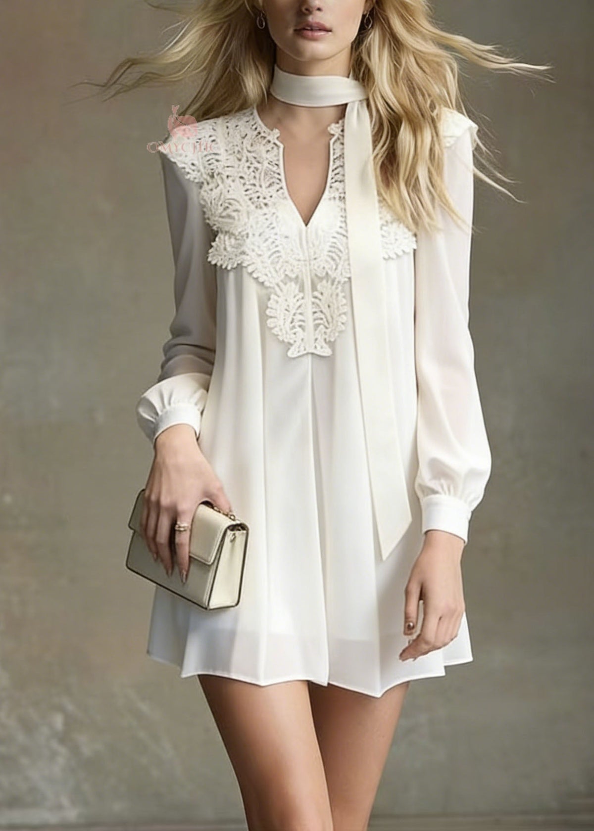 Deep V-Neck Lace Applique Neck Scarf Tie Bishop Sleeve Mini Dress