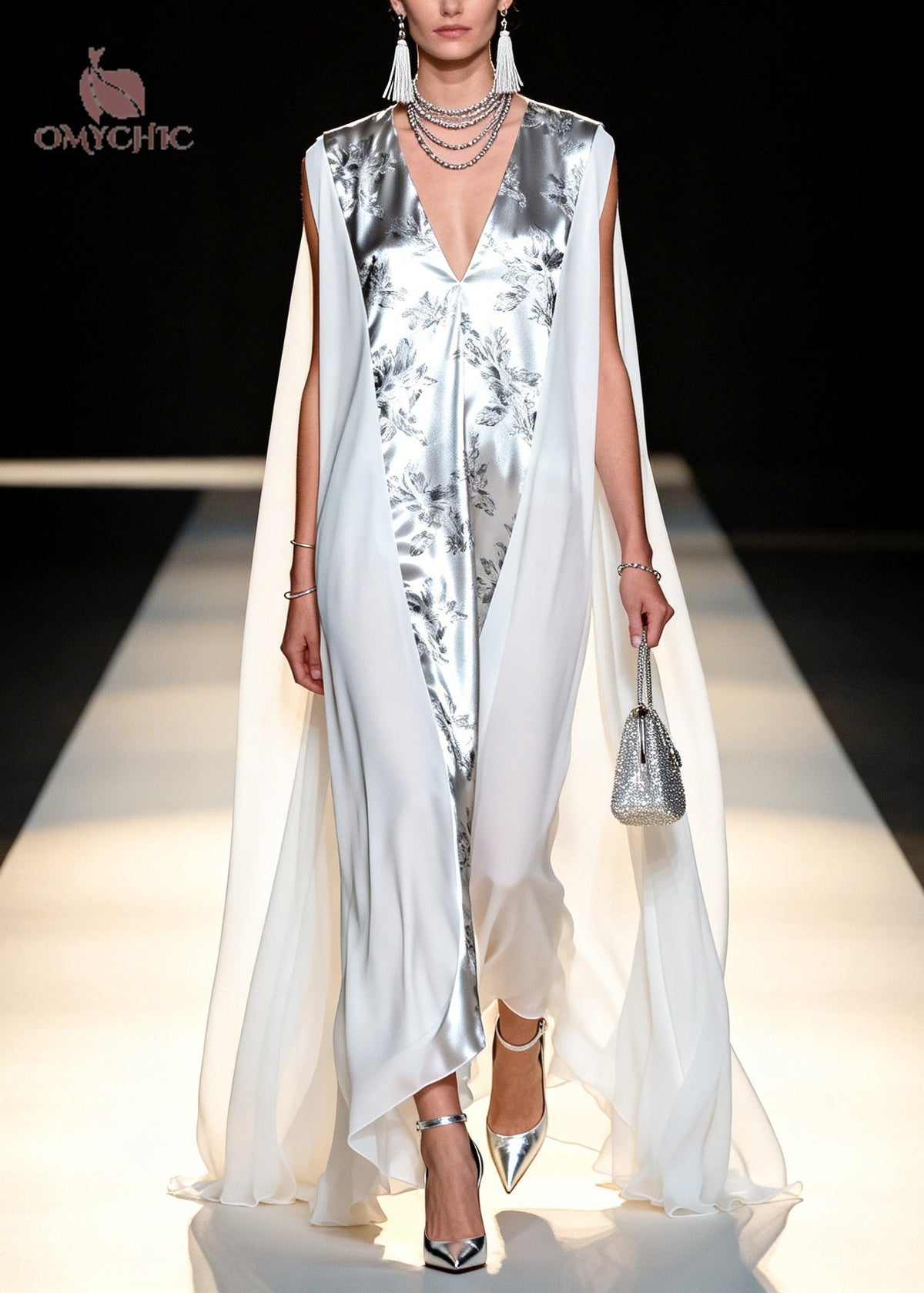 Deep V-Neck Metallic Floral Jacquard Sheer Cape Panel Maxi Gown