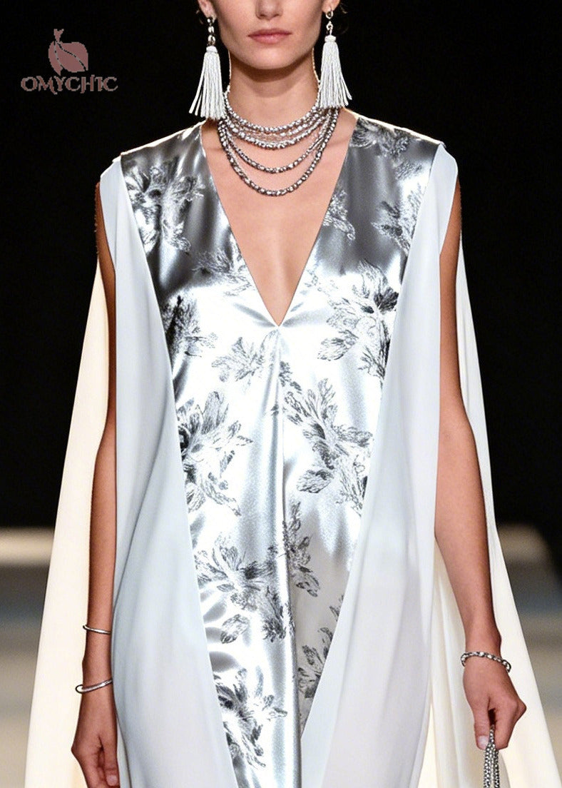 Deep V-Neck Metallic Floral Jacquard Sheer Cape Panel Maxi Gown