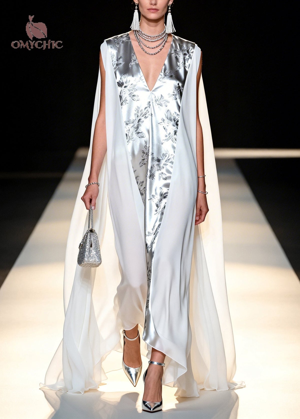 Deep V-Neck Metallic Floral Jacquard Sheer Cape Panel Maxi Gown