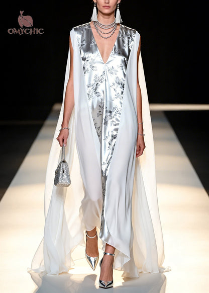 Deep V-Neck Metallic Floral Jacquard Sheer Cape Panel Maxi Gown