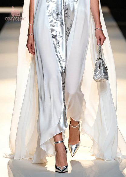 Deep V-Neck Metallic Floral Jacquard Sheer Cape Panel Maxi Gown