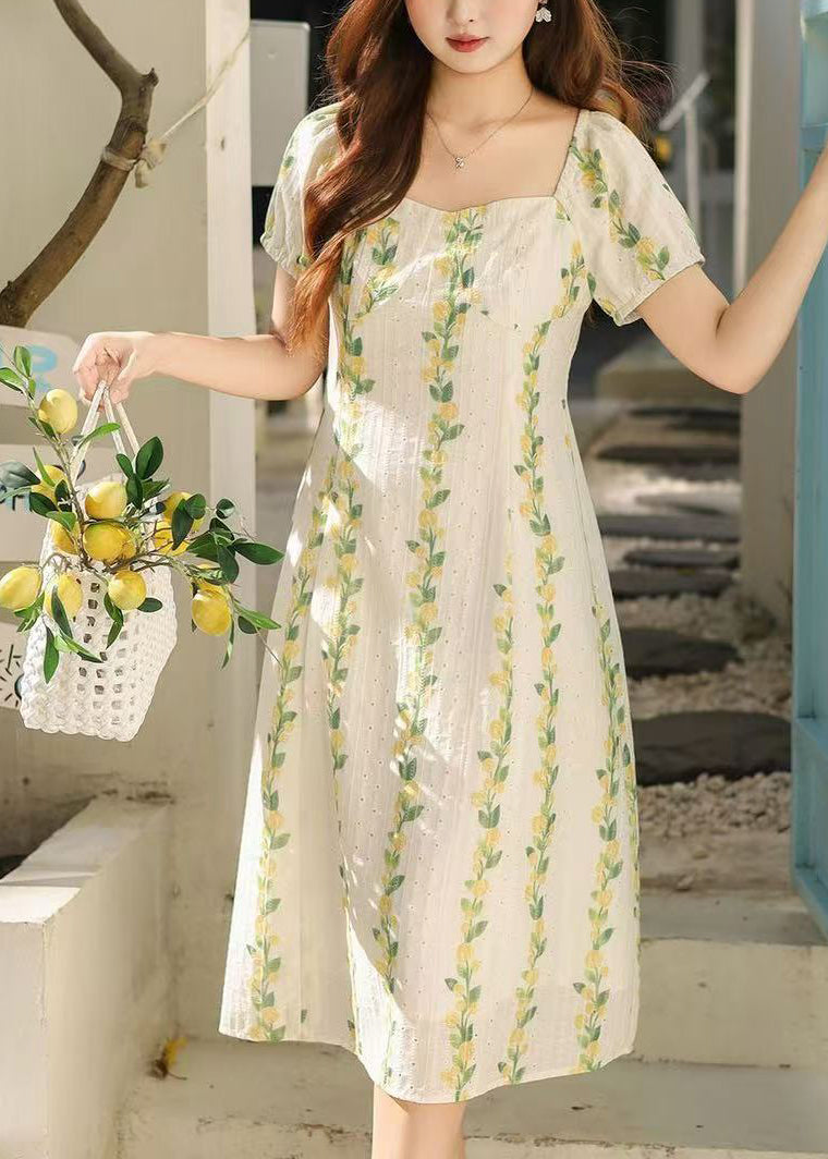 Square Neck Puff Sleeve Eyelet Stripe Floral Midi Dress