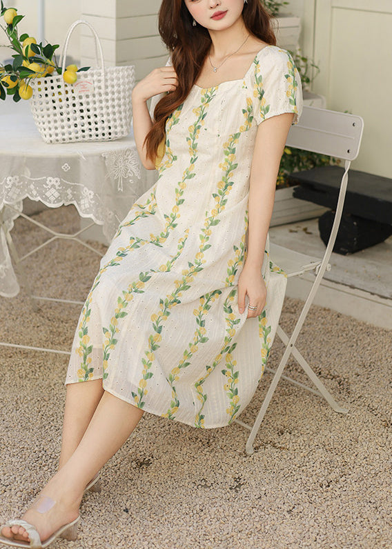 Square Neck Puff Sleeve Eyelet Stripe Floral Midi Dress