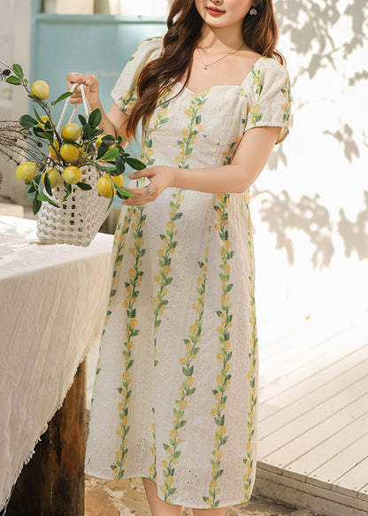 Square Neck Puff Sleeve Eyelet Stripe Floral Midi Dress