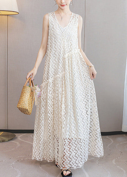 V-Neck Floral Lace Sleeveless Scalloped Hem Maxi Dress