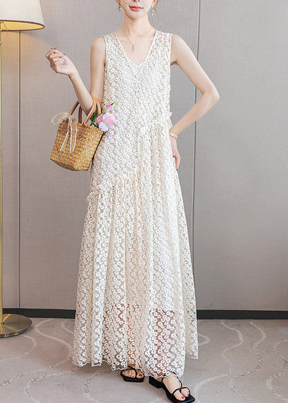 V-Neck Floral Lace Sleeveless Scalloped Hem Maxi Dress