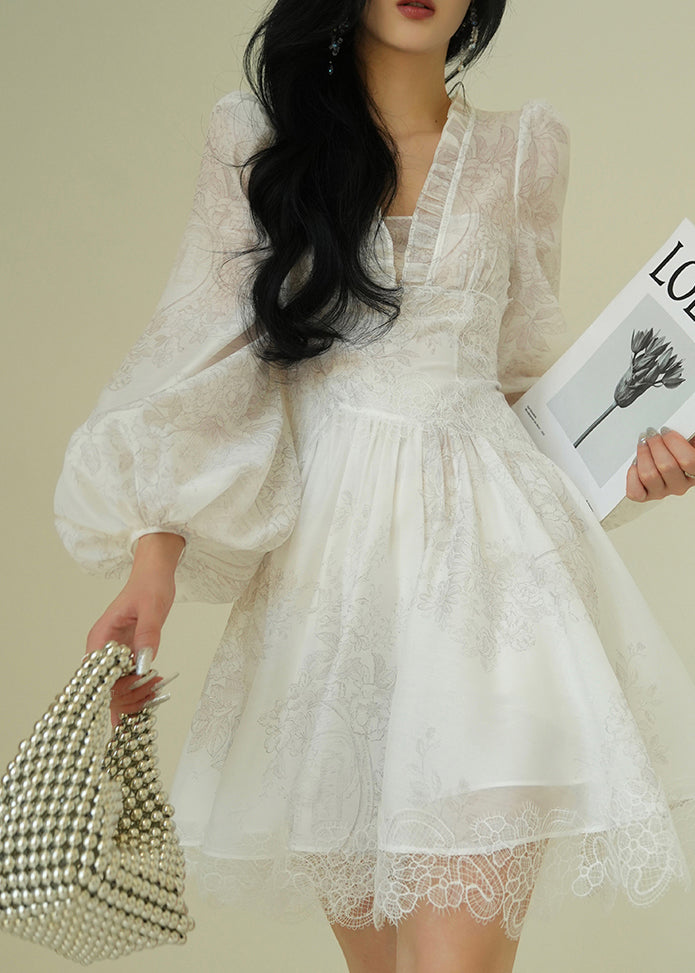 Deep V Neck Puff Sleeve Jacquard Floral Lace Trim A Line Mini Dress