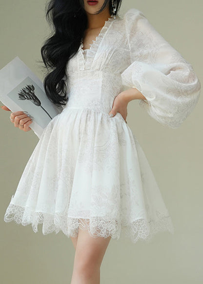 Deep V Neck Puff Sleeve Jacquard Floral Lace Trim A Line Mini Dress