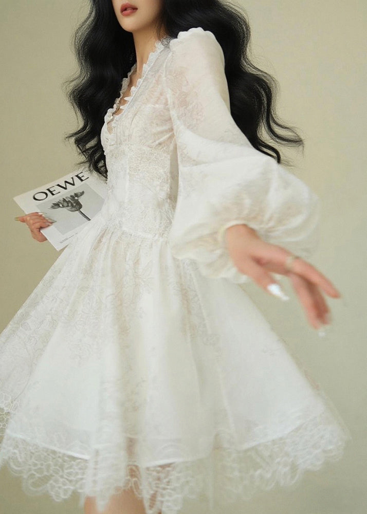 Deep V Neck Puff Sleeve Jacquard Floral Lace Trim A Line Mini Dress