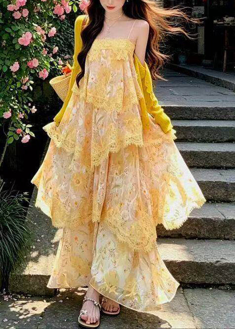 Spaghetti Strap Lace Trim Scallop Tier Asymmetric Floral Chiffon Maxi Dress