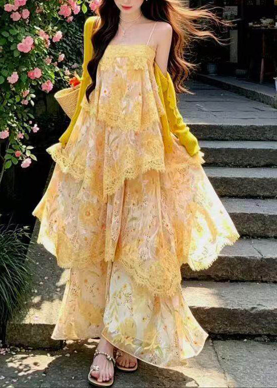 Spaghetti Strap Lace Trim Scallop Tier Asymmetric Floral Chiffon Maxi Dress
