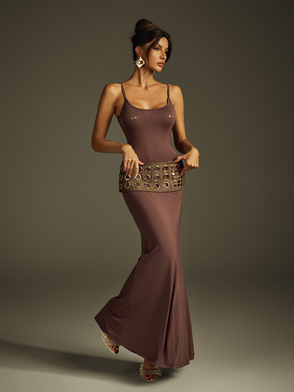Scoop Neck Spaghetti Strap Grommet Studded Hip Band Bodycon Maxi Dress