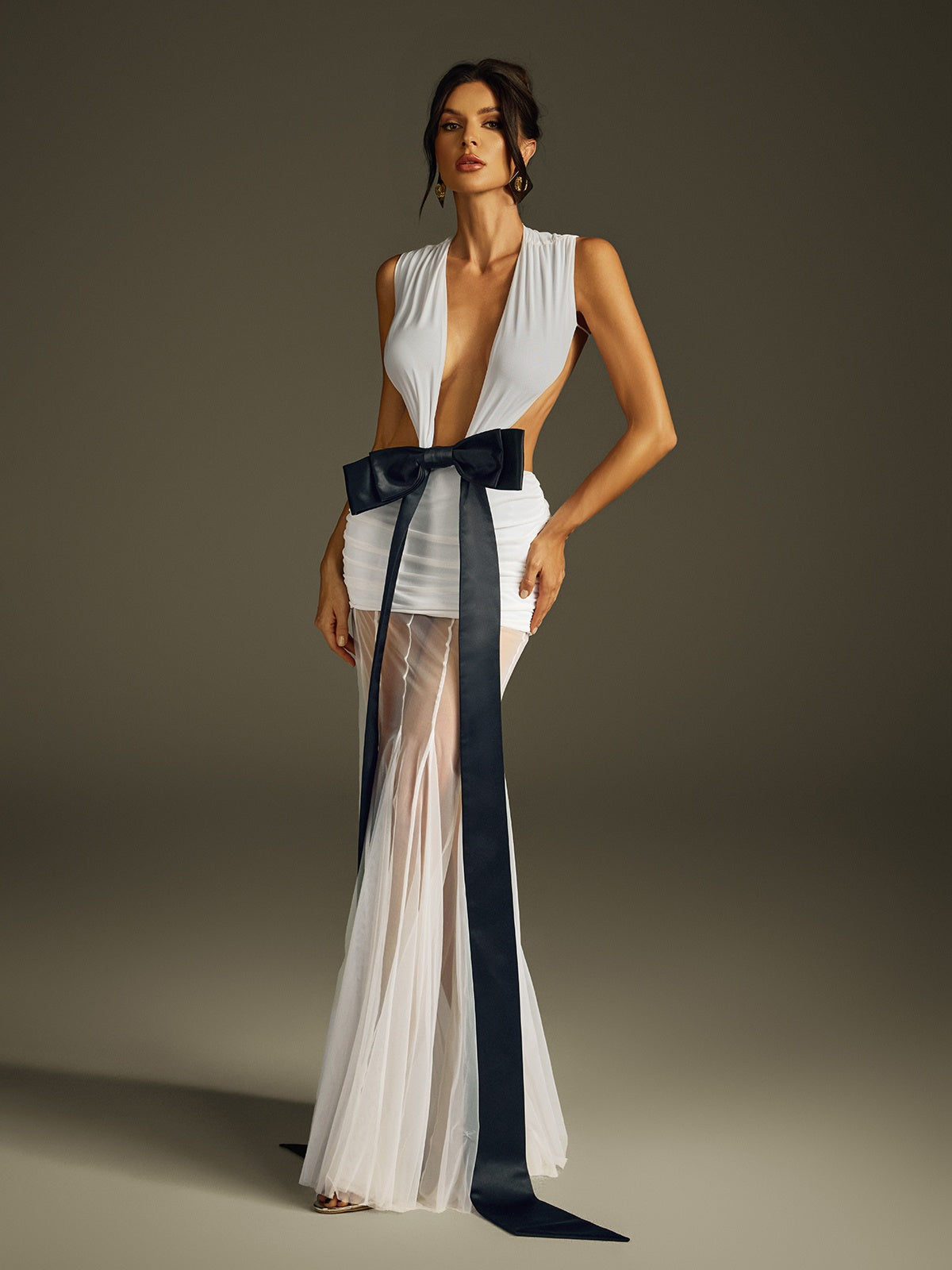 Plunge V Neck Waist Cutout Oversized Bow Sheer Pleated Overlay Maxi Gown