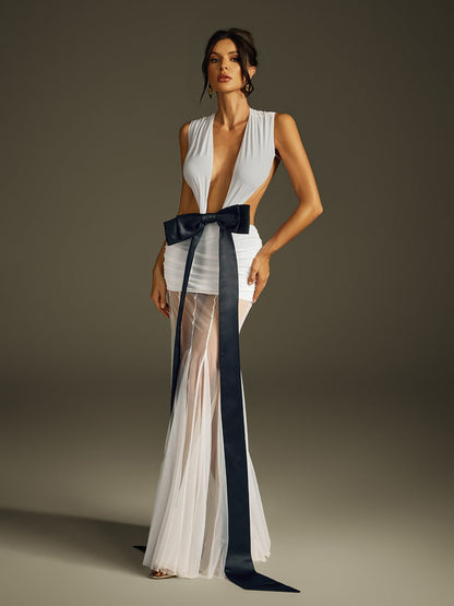 Plunge V Neck Waist Cutout Oversized Bow Sheer Pleated Overlay Maxi Gown