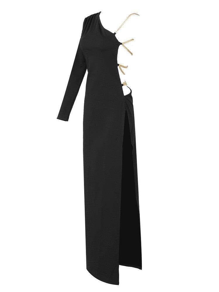 One Shoulder Chain Strap Open Back High Slit Maxi Dress