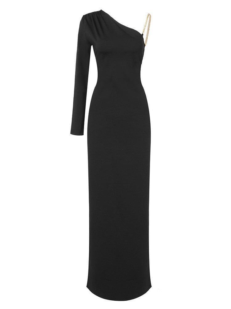 One Shoulder Chain Strap Open Back High Slit Maxi Dress