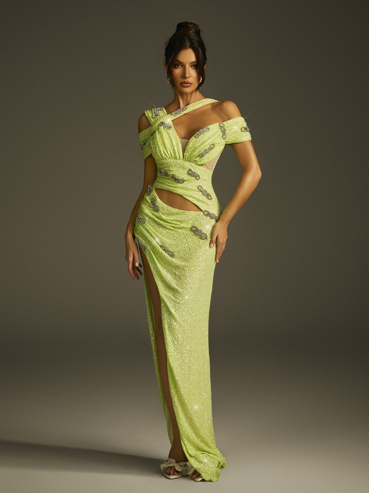 One Shoulder Sequin Crystal Bow Waist Cutout Slit Maxi Gown