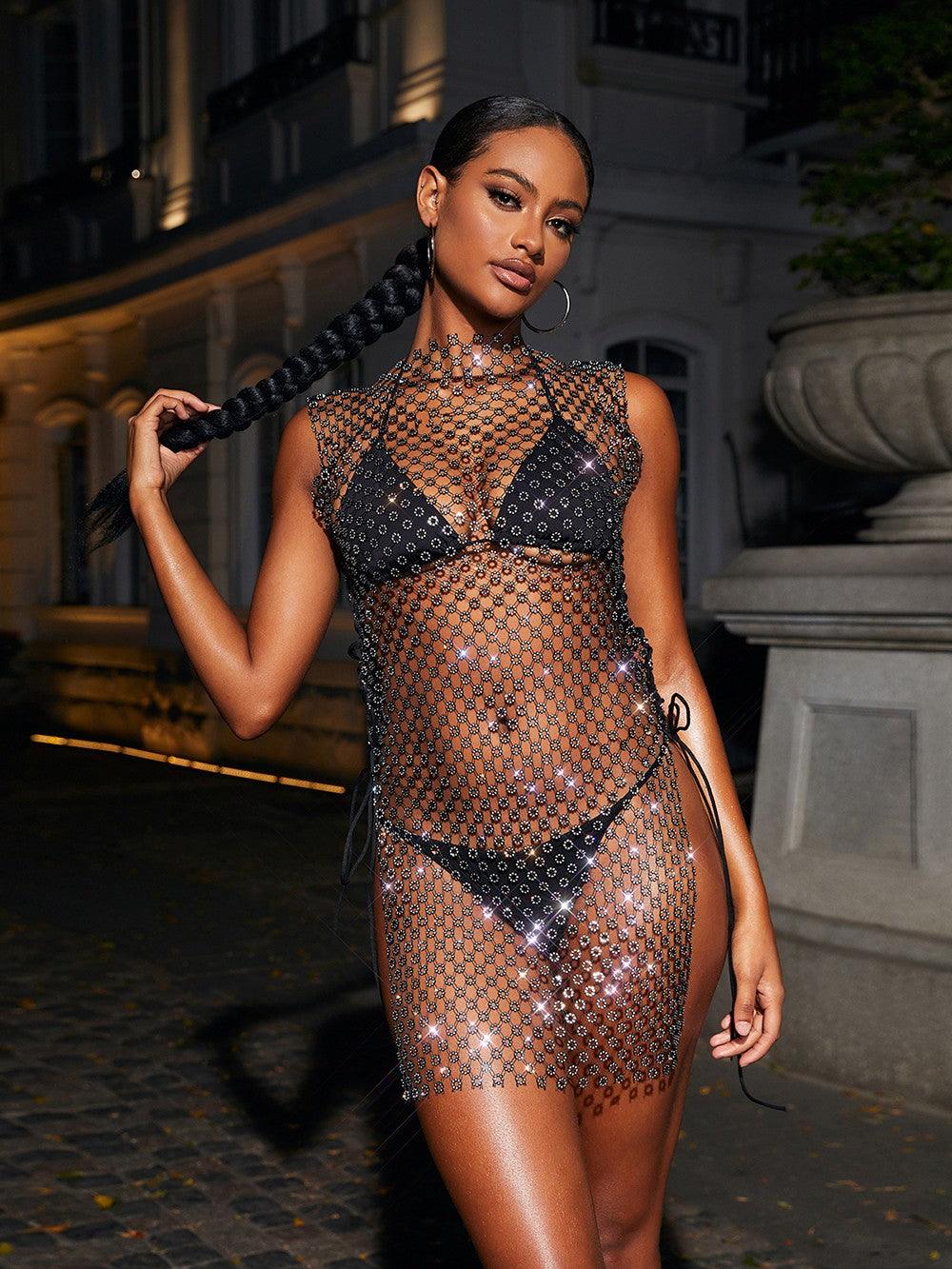 Mock Neck Rhinestone Mesh Side Tie Bodycon Mini Dress