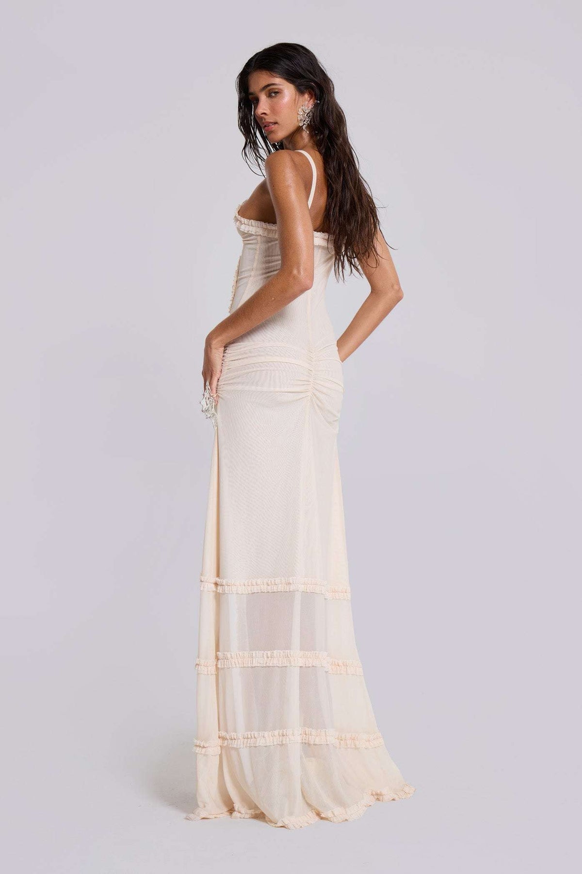 Mixed Print Keyhole Cutout Ruffle Trim High Slit Maxi Dress