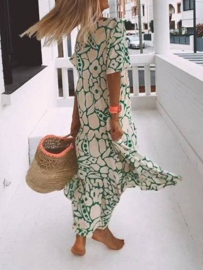 Deep V Neck Flutter Sleeve Tiered Botanical Print Maxi Dress