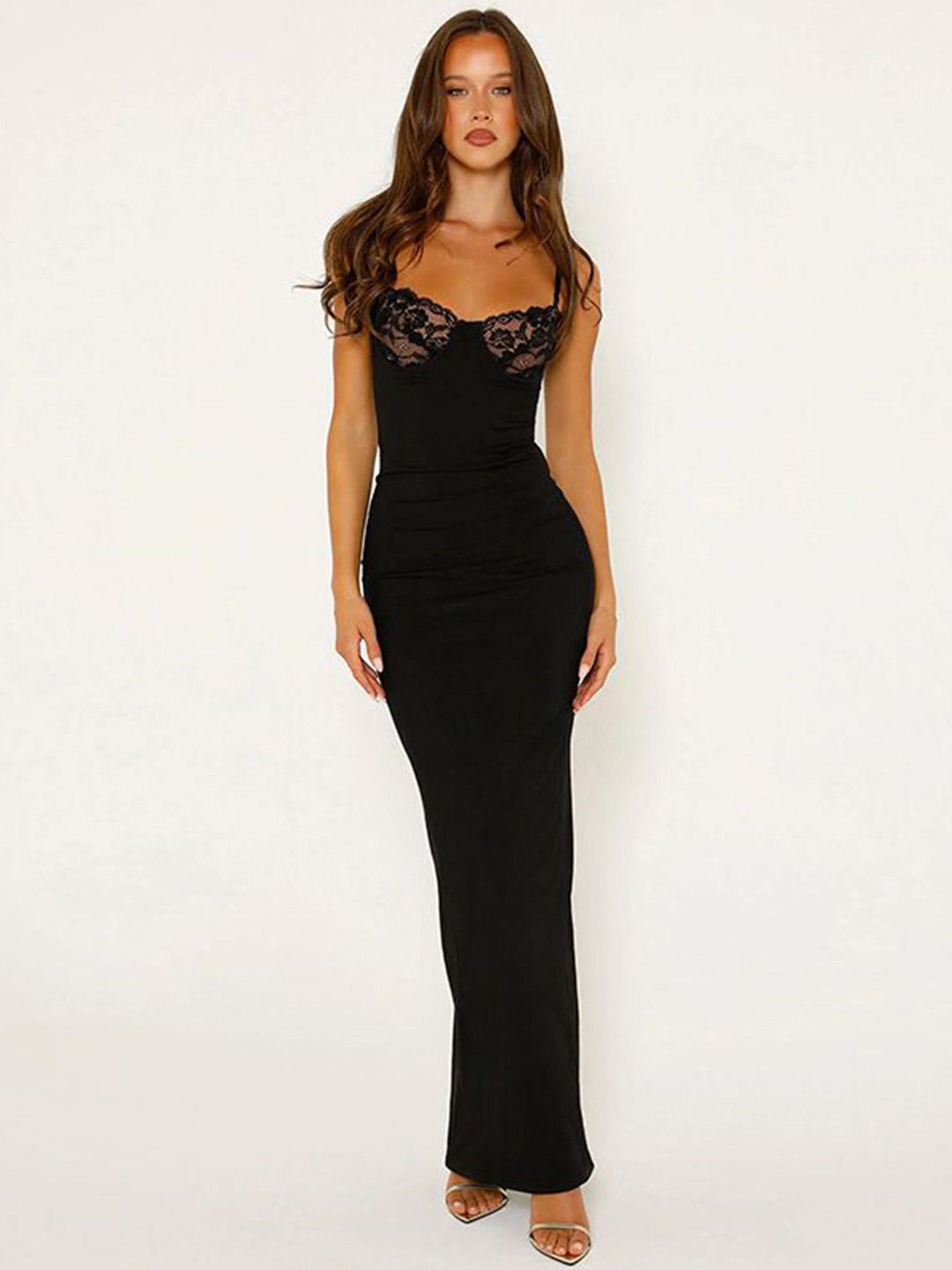 Spaghetti Strap Lace Overlay Bustier Bodycon Maxi Dress