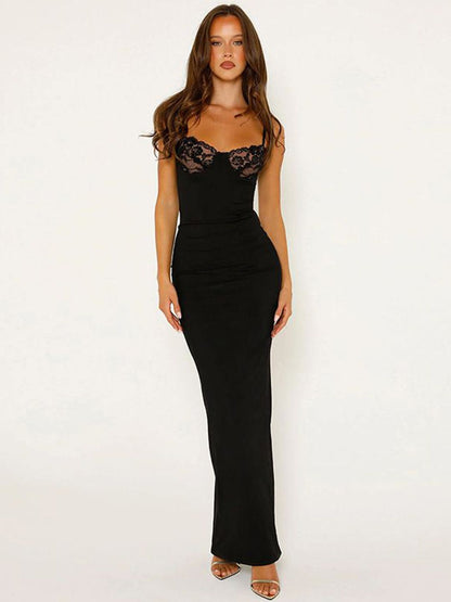 Spaghetti Strap Lace Overlay Bustier Bodycon Maxi Dress