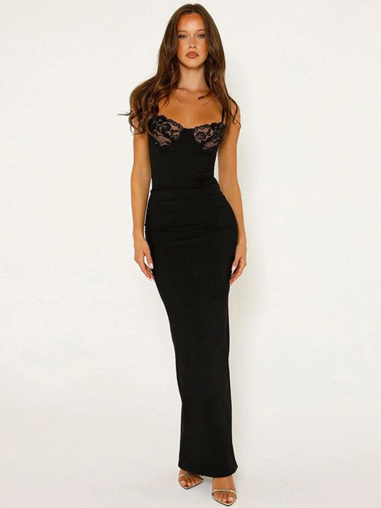 Sweetheart Spaghetti Strap Floral Lace Bustier Bodycon Maxi Dress