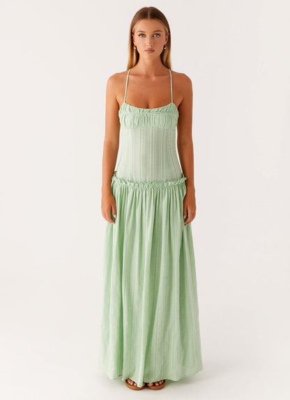 Spaghetti Strap Ruched Drop Waist Gathered Tier Maxi Dress
