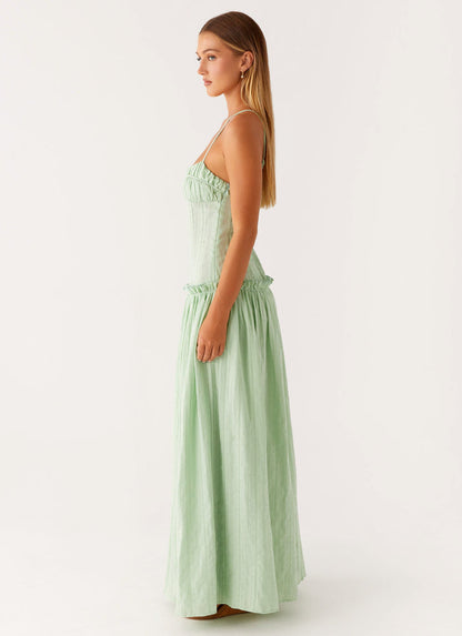 Spaghetti Strap Pleated Bodice Drop Waist Ruffle Trim Gathered Maxi Dress