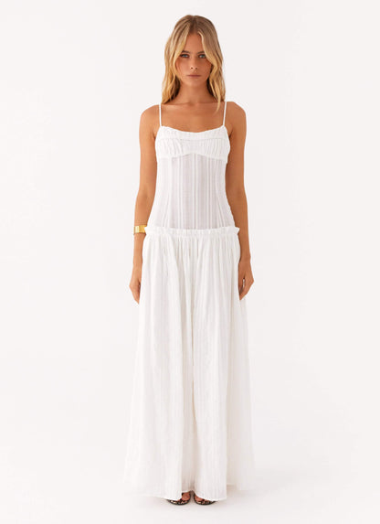 Spaghetti Strap Pleated Bodice Drop Waist Ruffle Trim Gathered Maxi Dress
