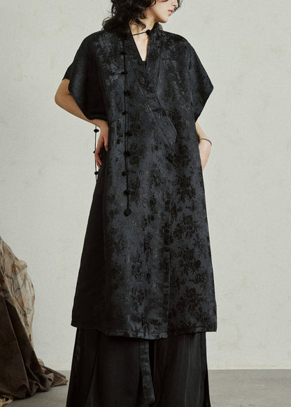 Mandarin Collar Knot Toggle Floral Jacquard Sleeveless Midi Vest Dress