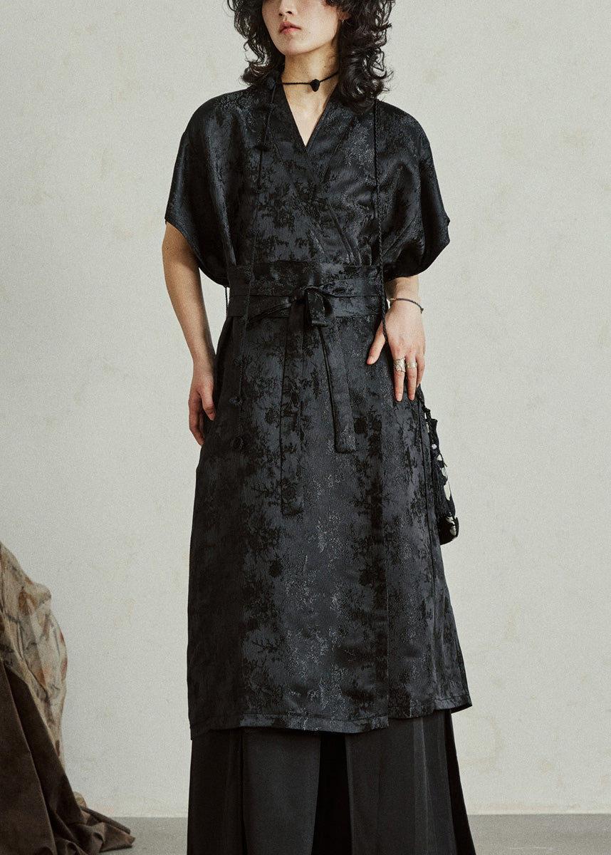 Mandarin Collar Knot Toggle Floral Jacquard Sleeveless Midi Vest Dress