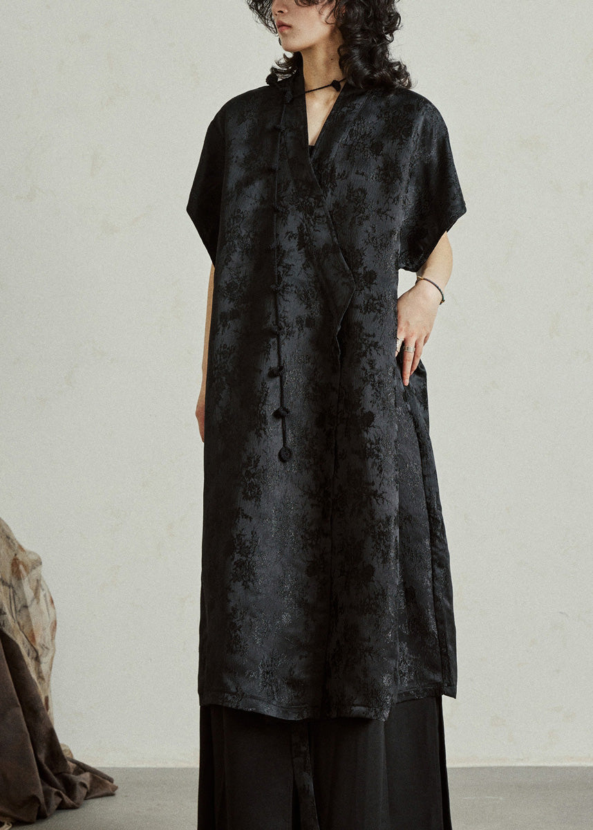 Mandarin Collar Knot Toggle Floral Jacquard Sleeveless Midi Vest Dress