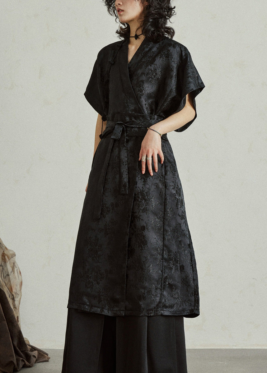 Mandarin Collar Knot Toggle Floral Jacquard Sleeveless Midi Vest Dress