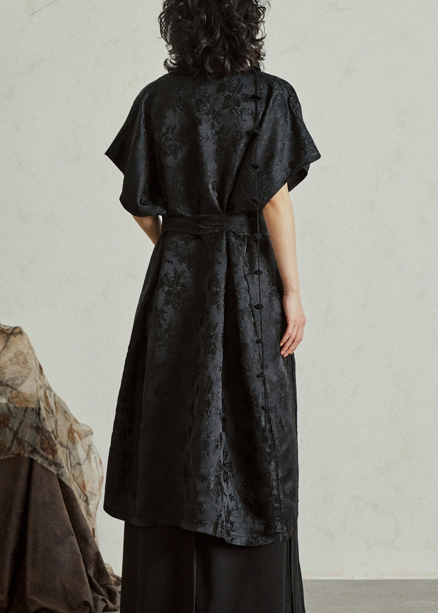 Mandarin Collar Knot Toggle Floral Jacquard Sleeveless Midi Vest Dress
