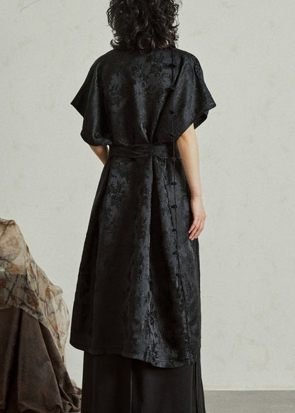 Mandarin Collar Knot Toggle Floral Jacquard Sleeveless Midi Vest Dress