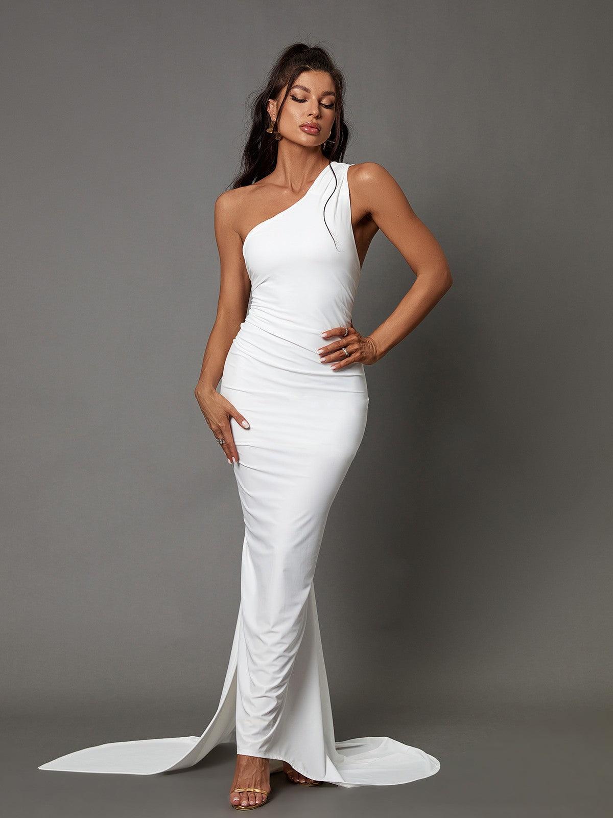 Halter Backless Draped Panel O-Ring Detail Ruched Column Maxi Dress