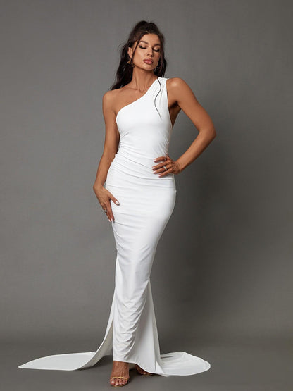 Halter Backless Draped Panel O-Ring Detail Ruched Column Maxi Dress