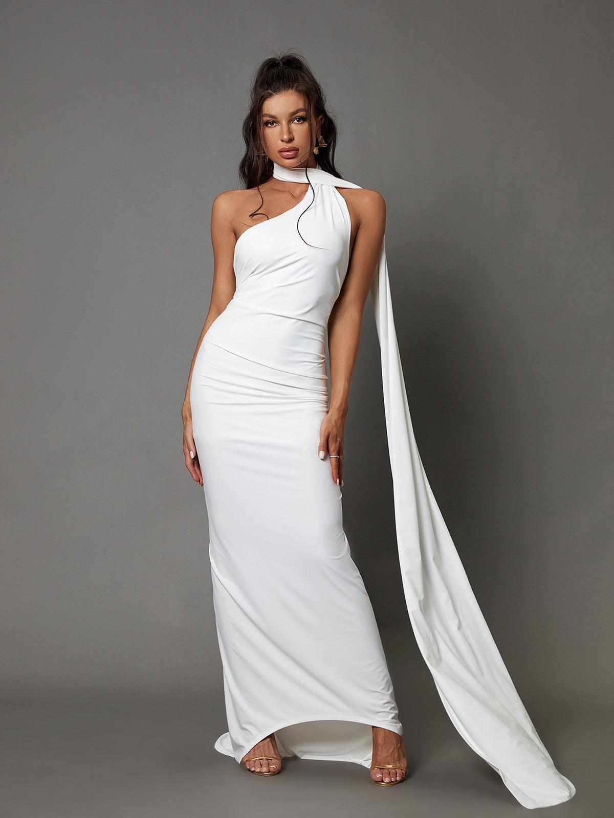 Halter Backless Draped Panel O-Ring Detail Ruched Column Maxi Dress