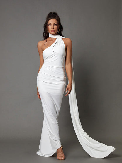 Halter Backless Draped Panel O-Ring Detail Ruched Column Maxi Dress