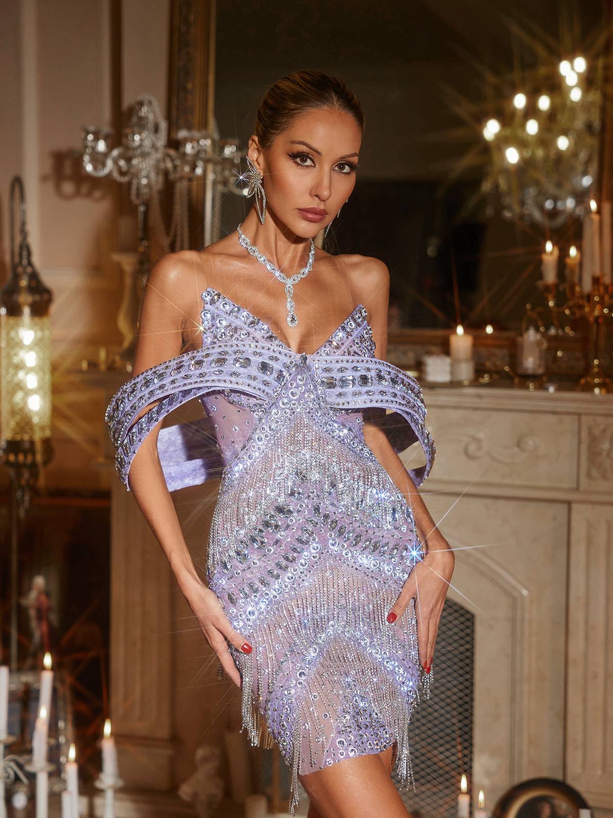 Sweetheart Crystal Wrap Sleeve Beaded Fringe Mini Dress