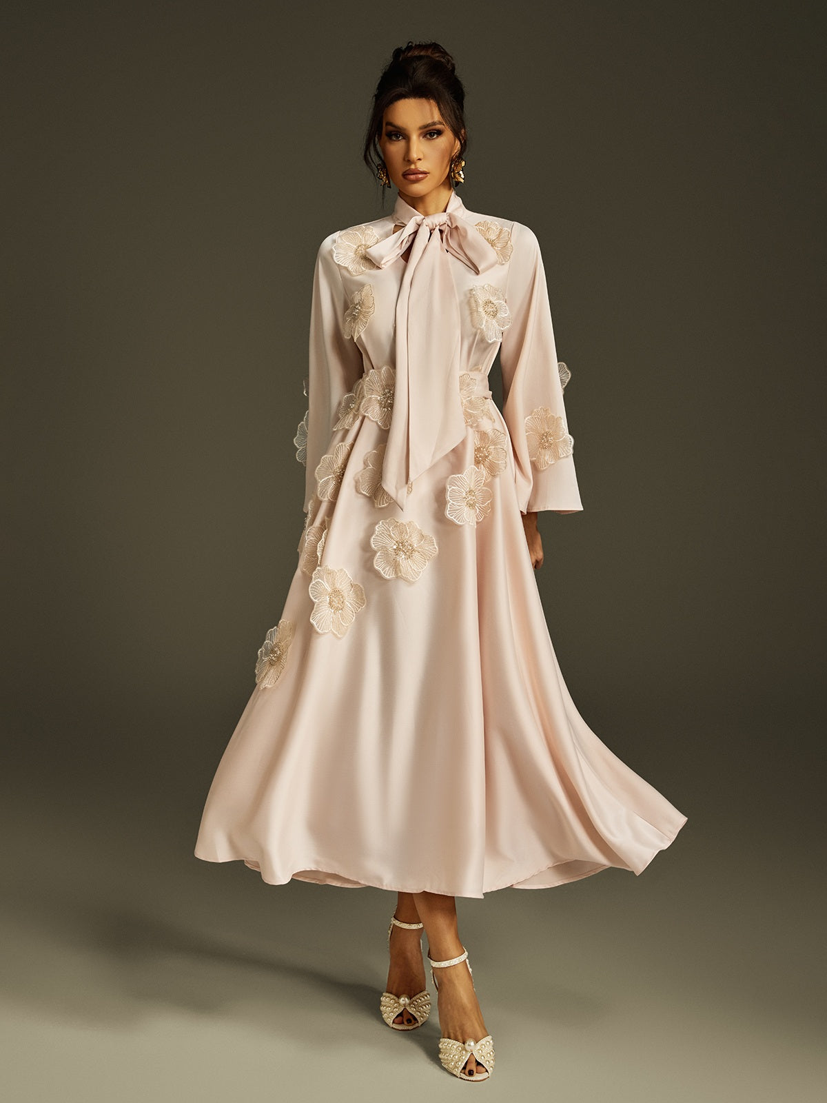 Pussy Bow Bell Sleeve 3D Lace Floral Applique Satin Midi Dress